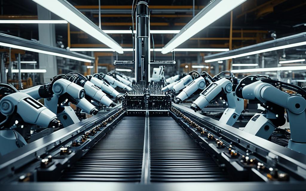 Robôs trabalhando em uma linha de produção em uma fábrica
